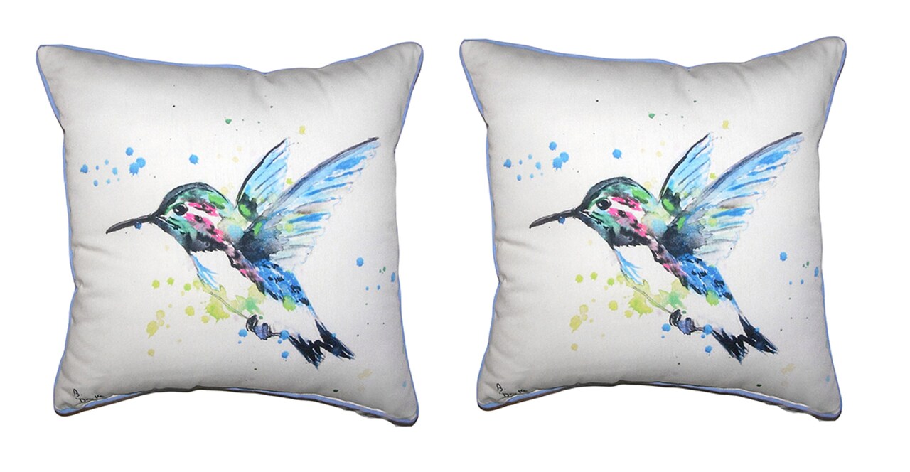 Pair Of Betsy Drake Green Hummingbird Large Indoor/Outdoor Pillows 18 X 18